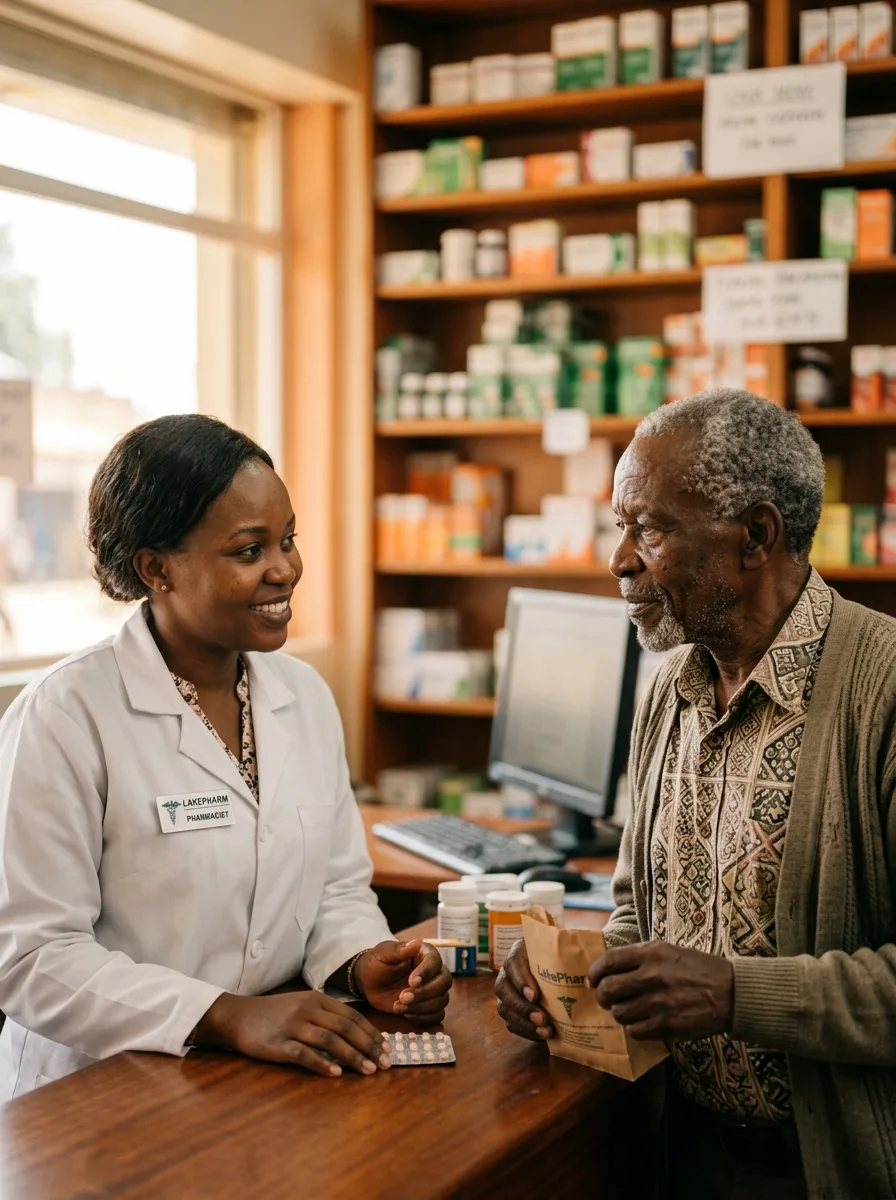 Pharmacist consulting an elderly customer about his medication