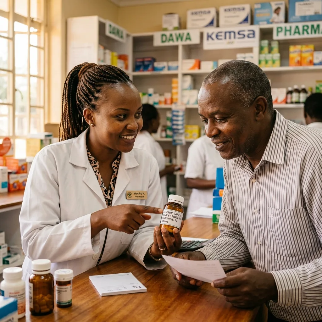 Pharmacist explaining dosage instructions to a customer