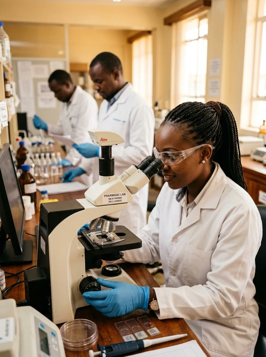 Technician inspecting pharmaceutical quality in a lab