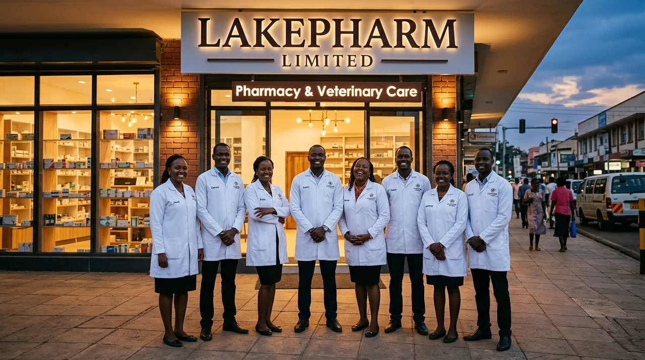 Smiling Lakepharm team in front of the pharmacy storefront at dusk