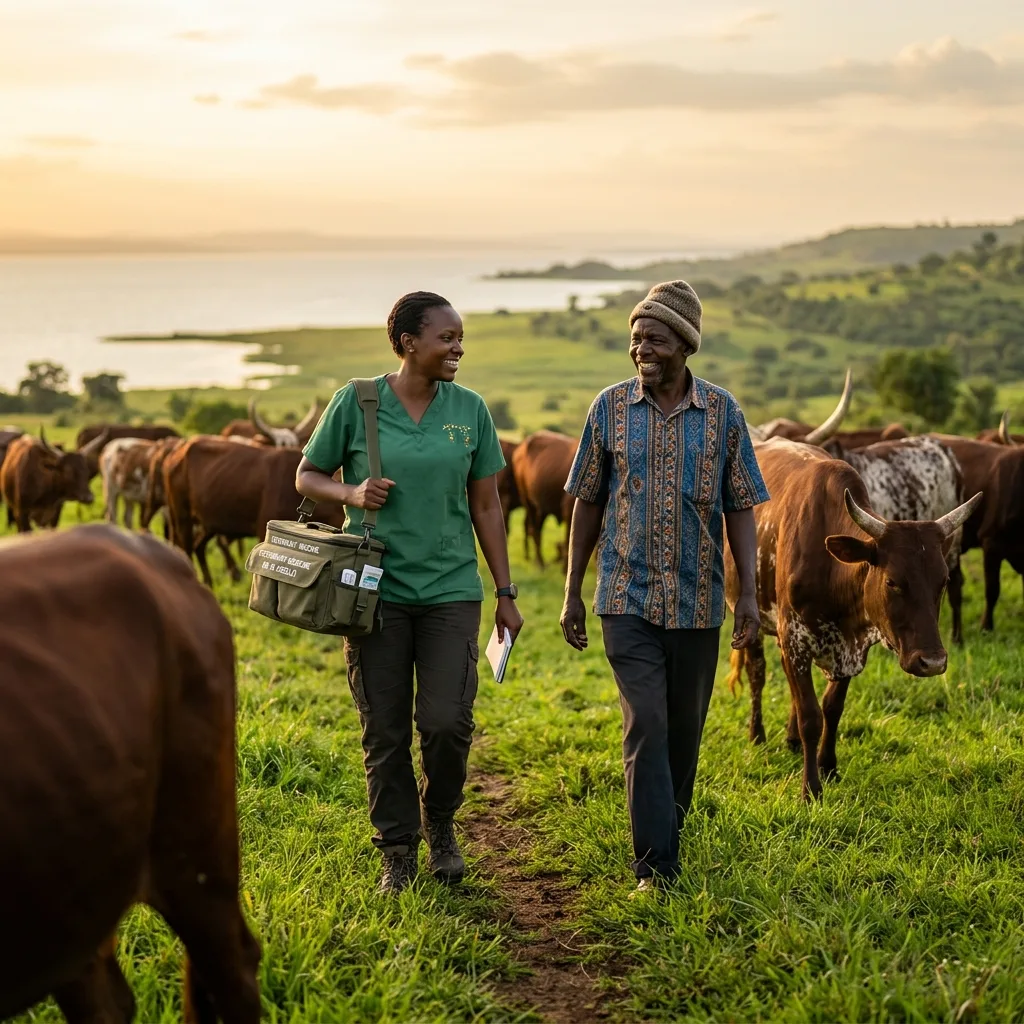 Veterinarian and farmer walking among cattle in a green field
