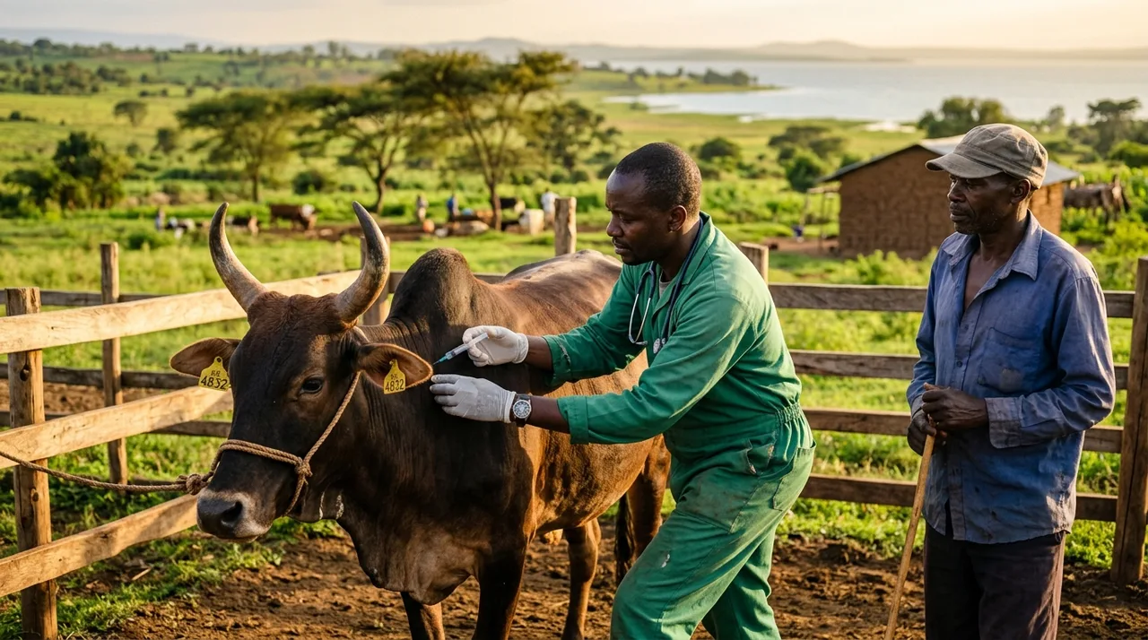 Veterinarian vaccinating a Zebu cow on a Kenyan farm near Lake Victoria