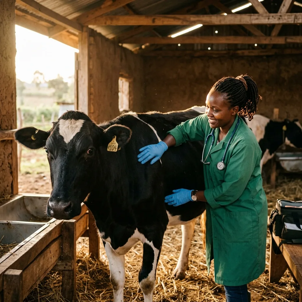 Veterinarian examining a dairy cow in a clean barn