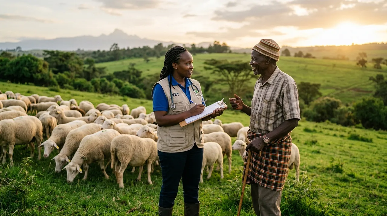 Veterinary officer consulting a farmer beside a flock of sheep in a green Kenyan pasture